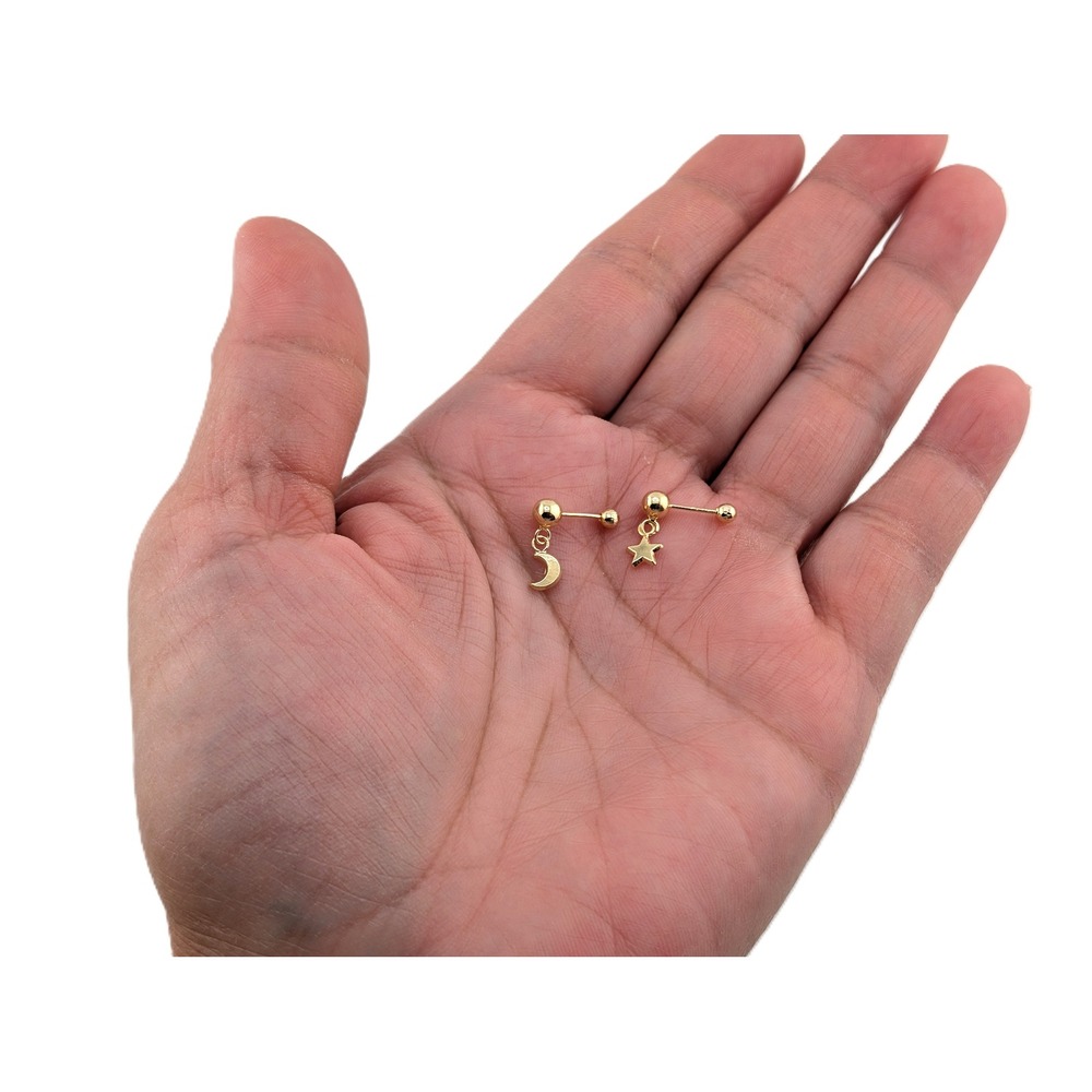 14K Solid Gold Dangle Star & Crescent Moon Earrings Gold Studs jewelry** - Picture 6 of 7